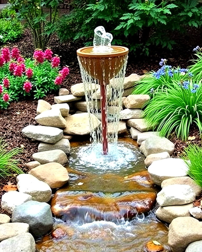 stream with a vertical fountain creates a dramatic centerpiece - 25 Small Garden Stream Ideas