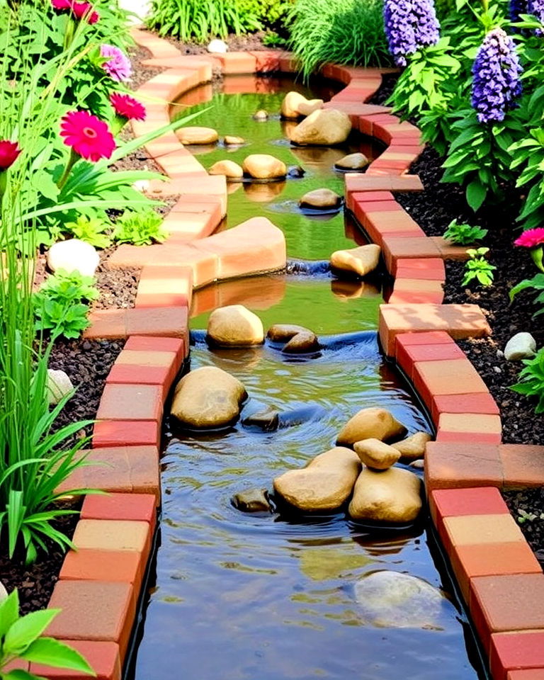 stream with edging of bricks or tiles - 25 Small Garden Stream Ideas