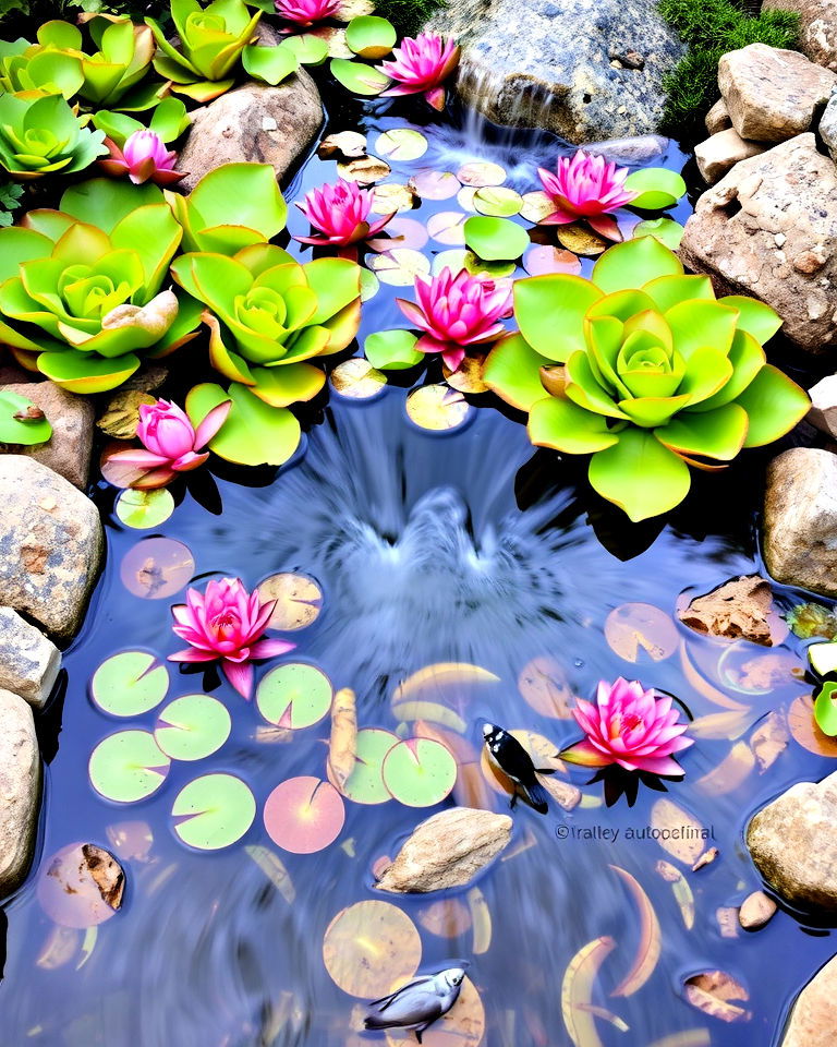 stream with floating plant accents - 25 Small Garden Stream Ideas