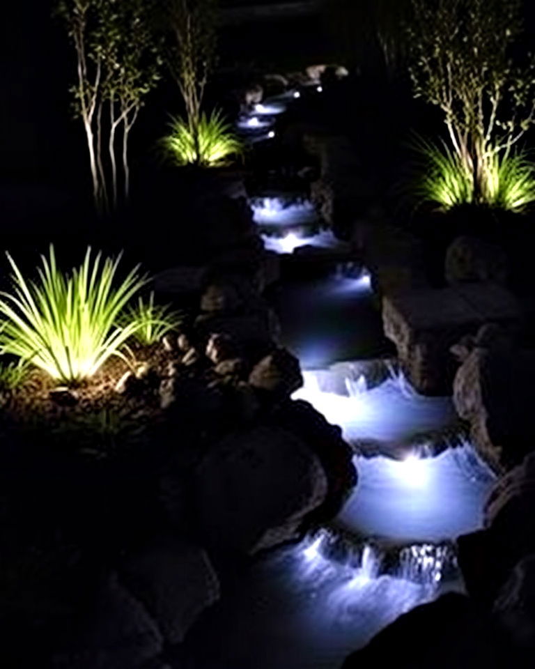 stream with illuminated pathway for small garden - 25 Small Garden Stream Ideas