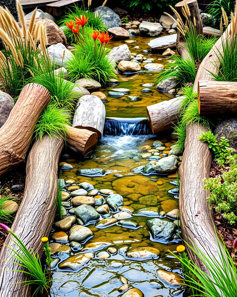 stream with rustic log edging - 25 Small Garden Stream Ideas