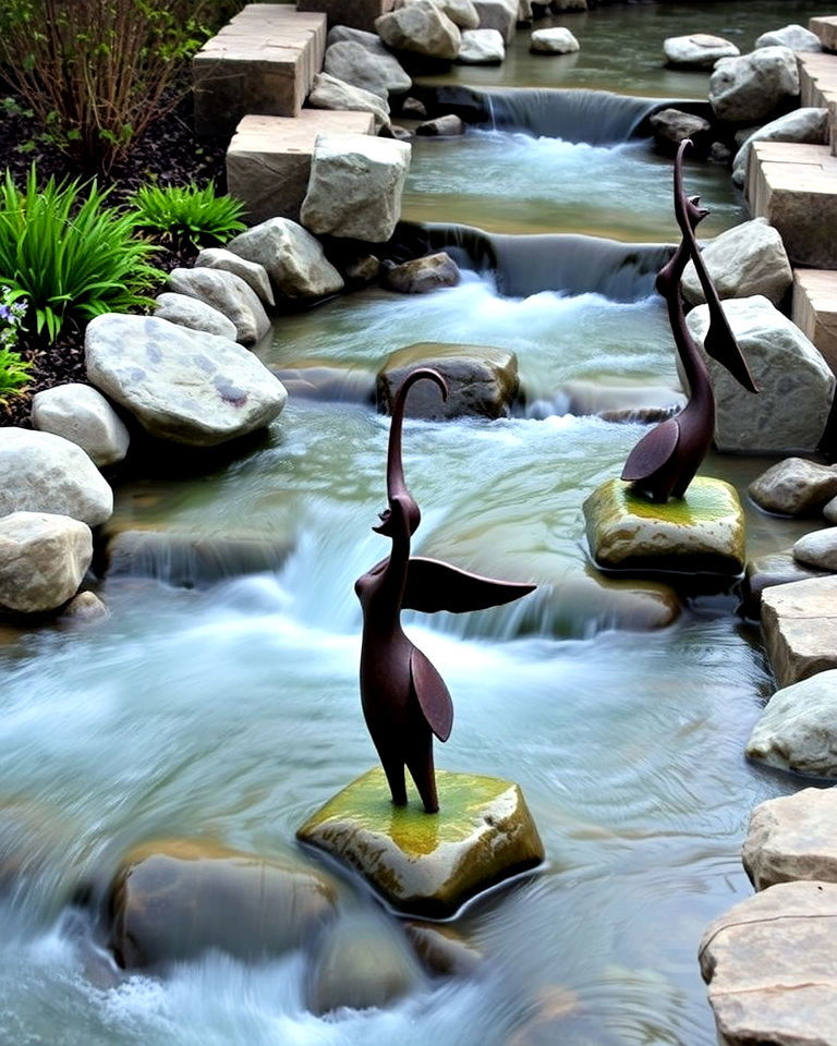 stream with sculptural accents - 25 Small Garden Stream Ideas