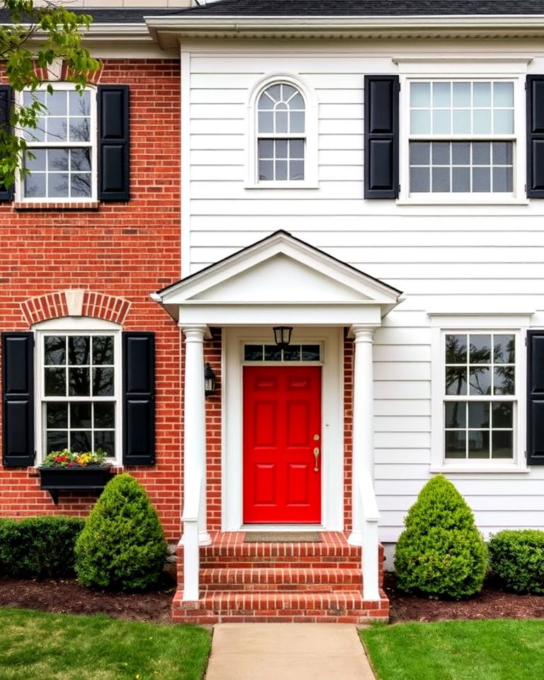 striking red brick with classic white vinyl siding - 20 Vinyl Siding and Brick Combinations