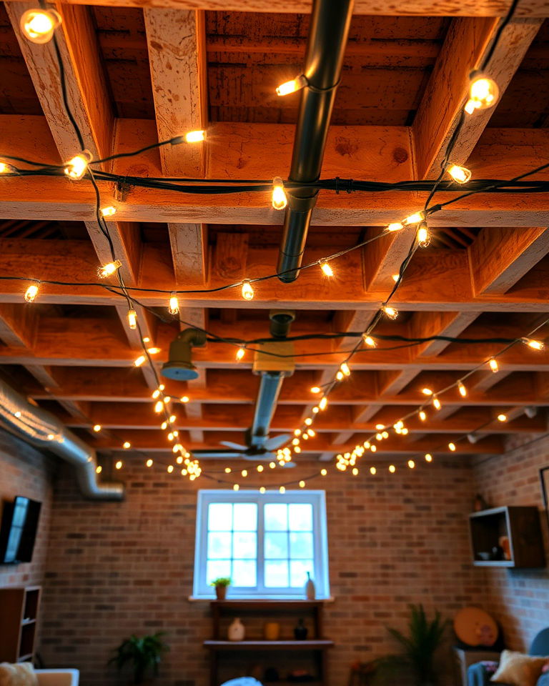 string lights exposed basement ceiling for a cozy glow string lights exposed basement ceiling for a cozy glow - 20 Exposed Basement Ceiling Ideas