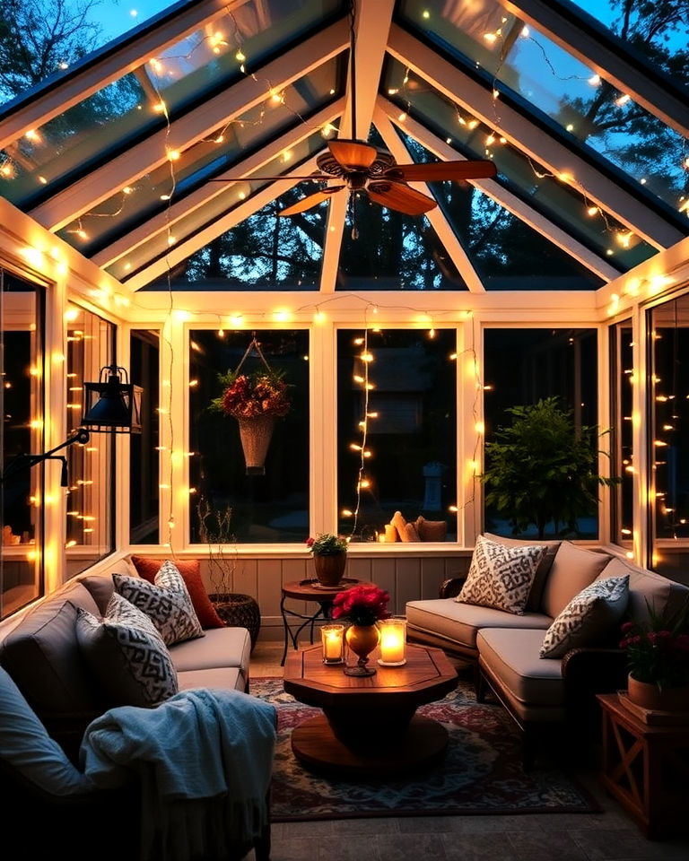 string lights for a cozy relaxed atmosphere - 15 Sunroom Lighting Ideas