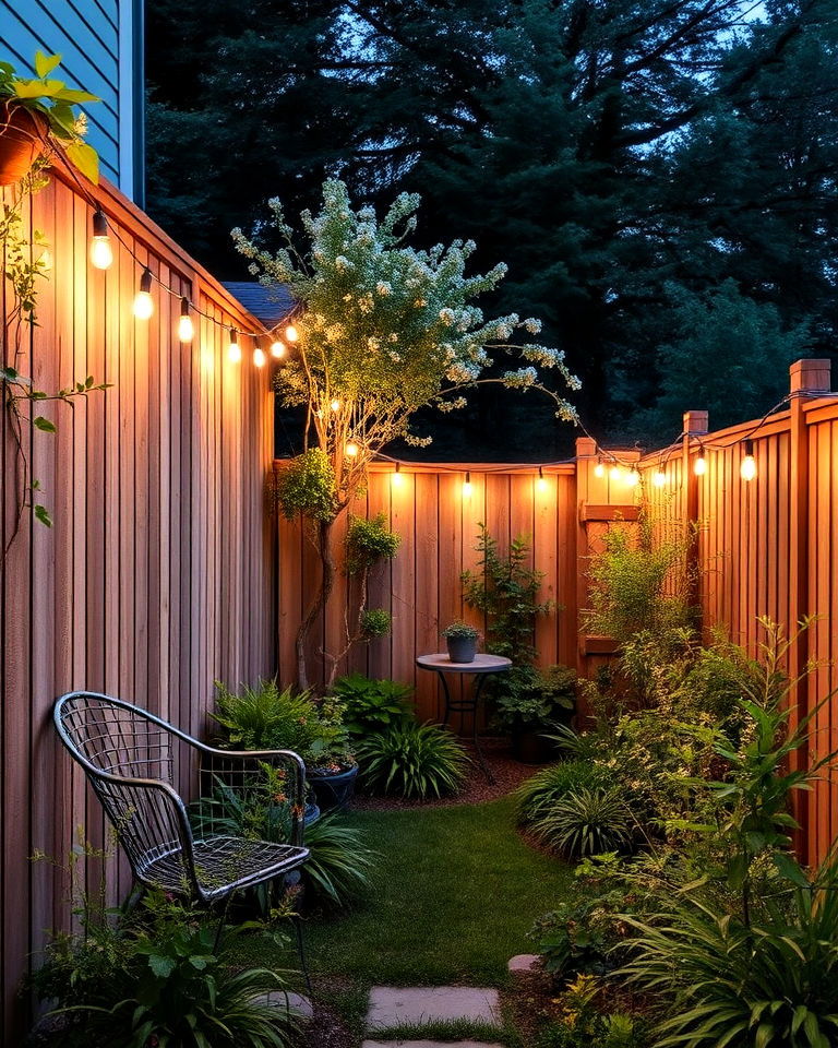 string lights for cozy evenings - 15 Narrow Garden Ideas