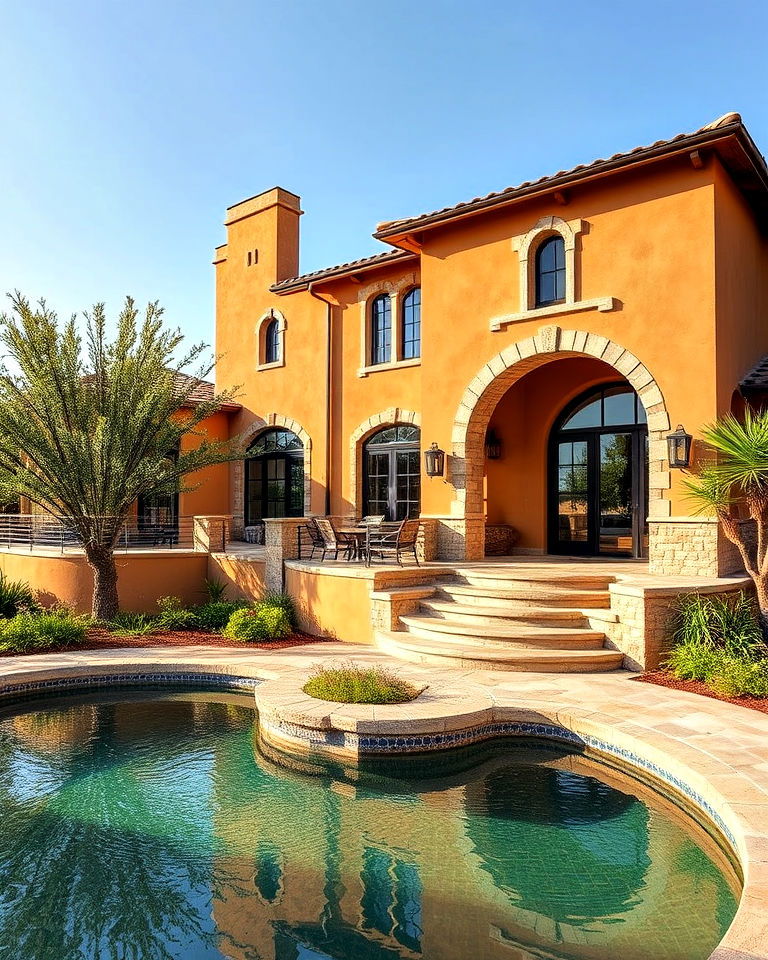 stucco walls mansion with earthy textures - 25 Mediterranean Mansion Ideas