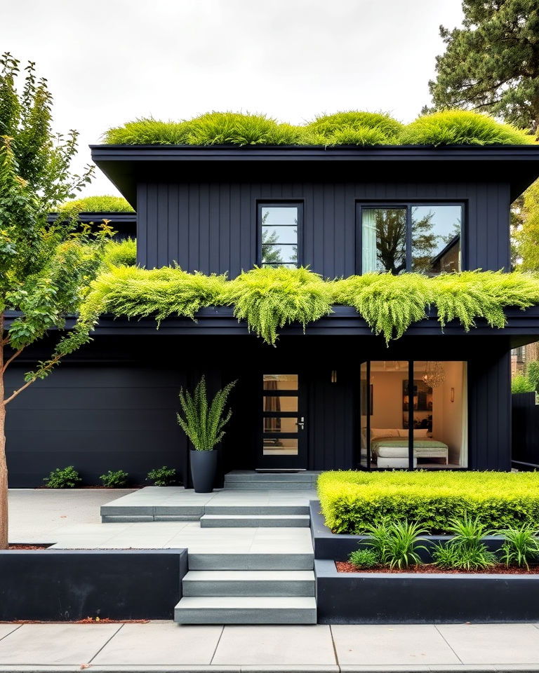stunning black exterior with green roofing - 30 Modern Black Houses