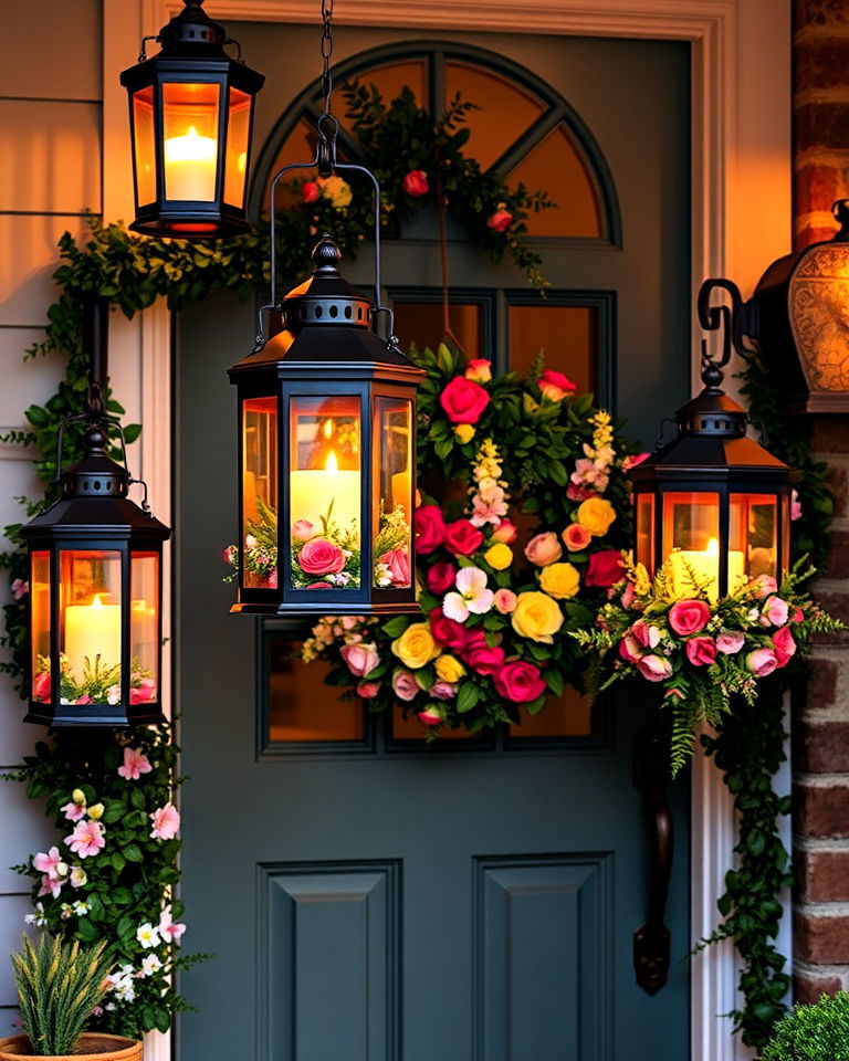 stunning door arrangement featuring hanging lanterns - 15 Summer Door Decoration Ideas