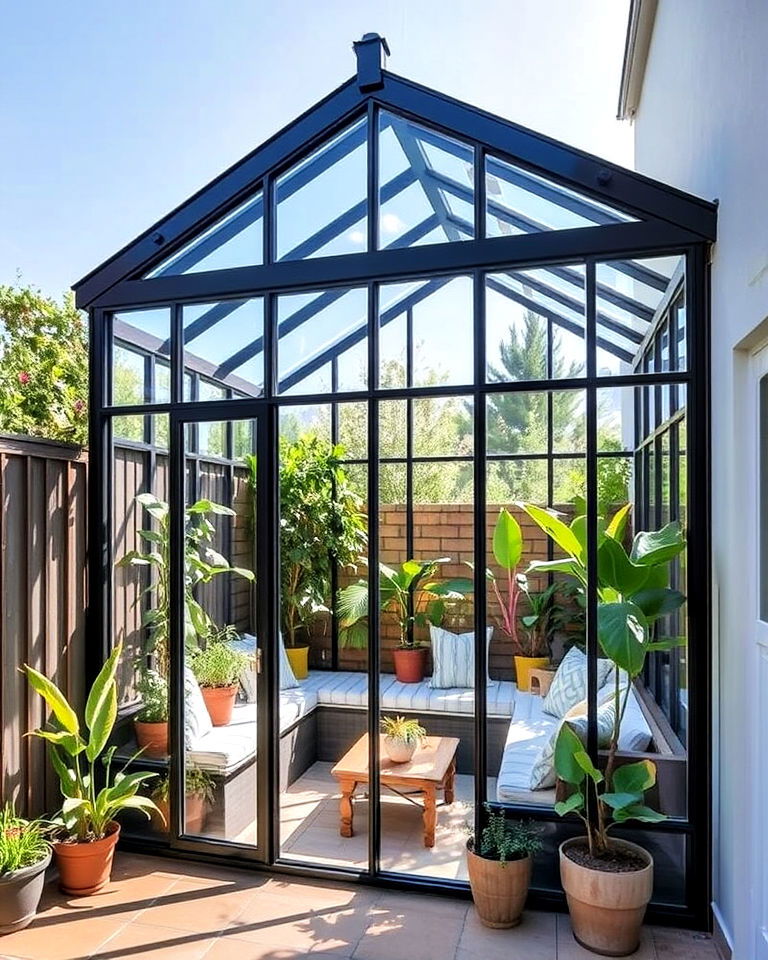 stunning glass walled greenhouse oasis - 15 Corner Greenhouse Ideas