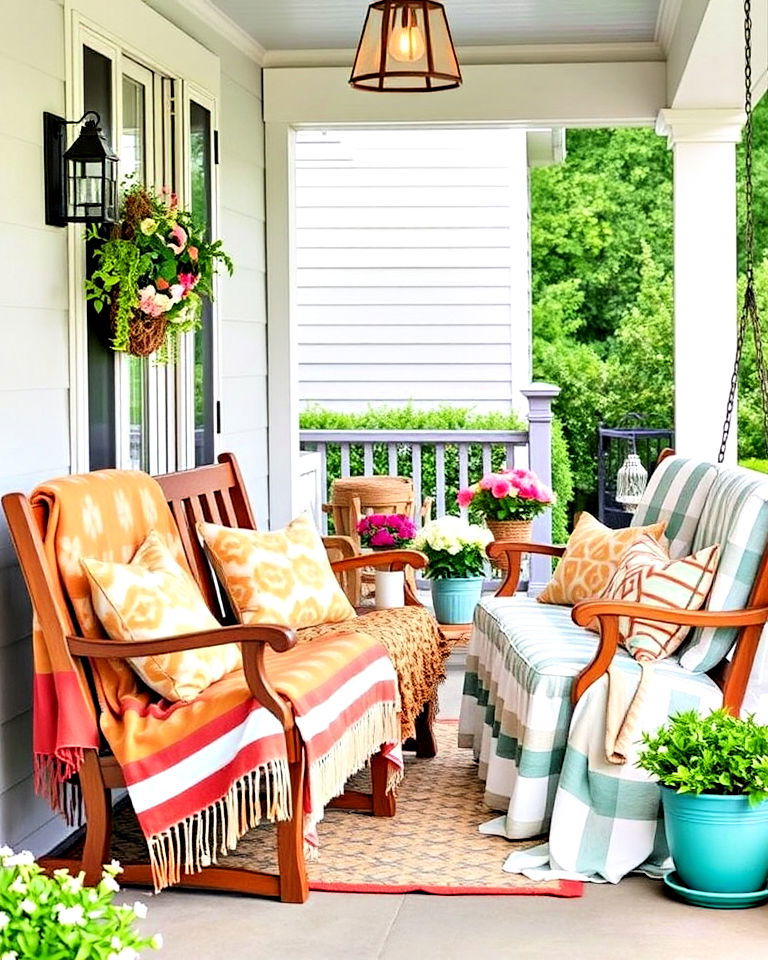 style with throw blankets - 25 Summer Front Porch Decor Ideas