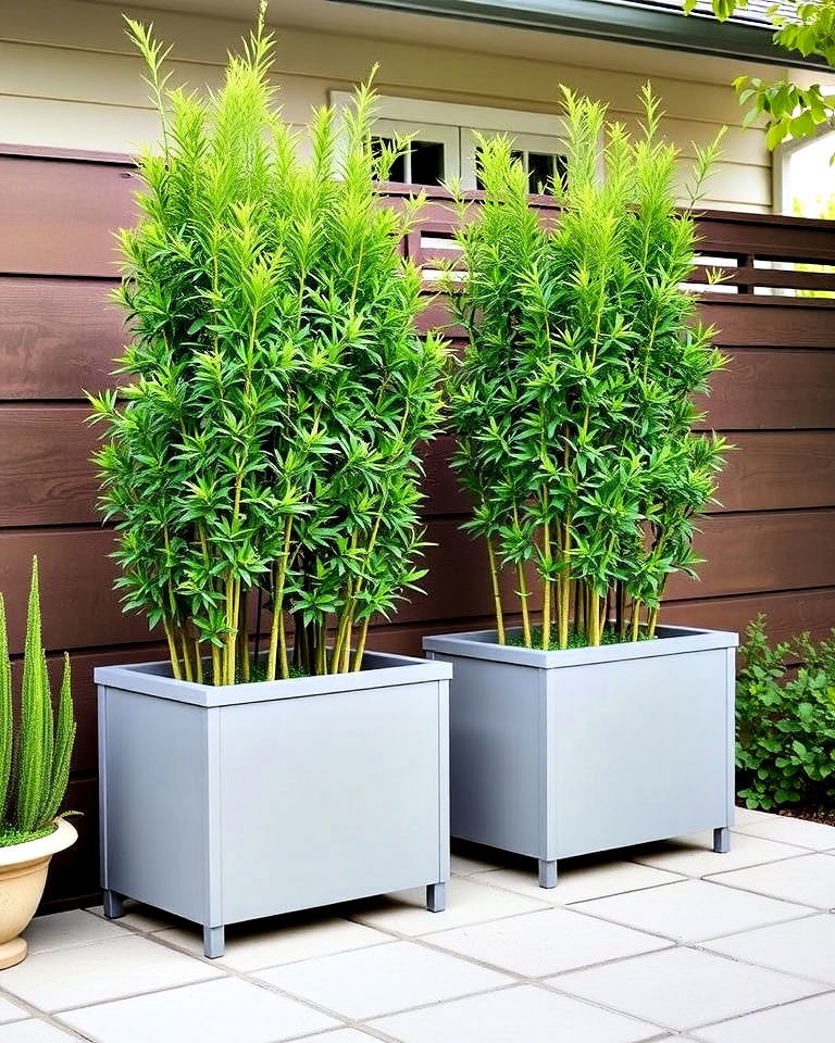 stylish box planters with tall plants - 25 Front Yard Privacy Landscaping Ideas