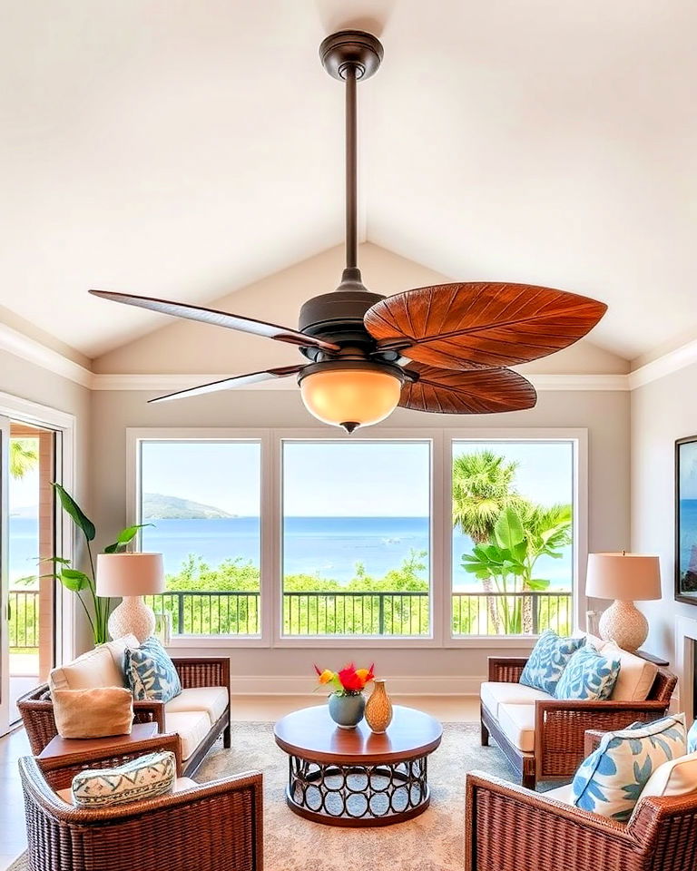 stylish ceiling fan with tropical blades - 20 Tropical Living Room Ideas