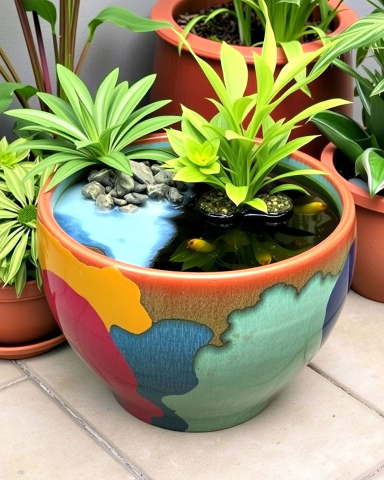 stylish ceramic pot pond - 15 Container Fish Pond Ideas