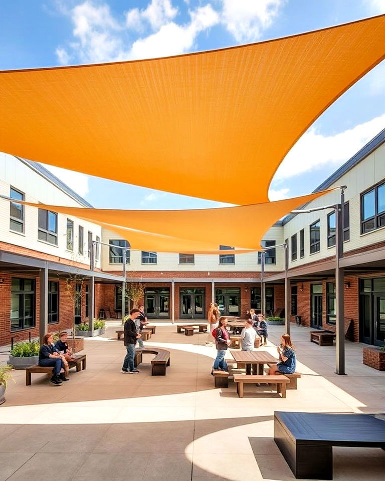 stylish courtyard with shade structures - 20 School Courtyard Ideas