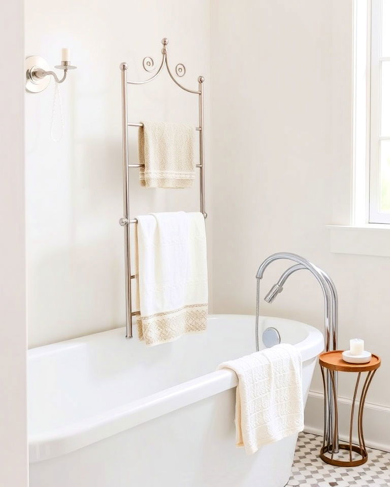 stylish freestanding towel rack - 25 Bathtub Decor Ideas
