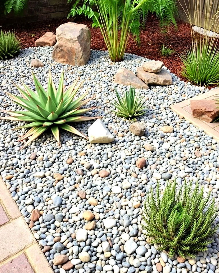 stylish gravel gardens with succulents - 25 Drought Tolerant Landscaping Ideas