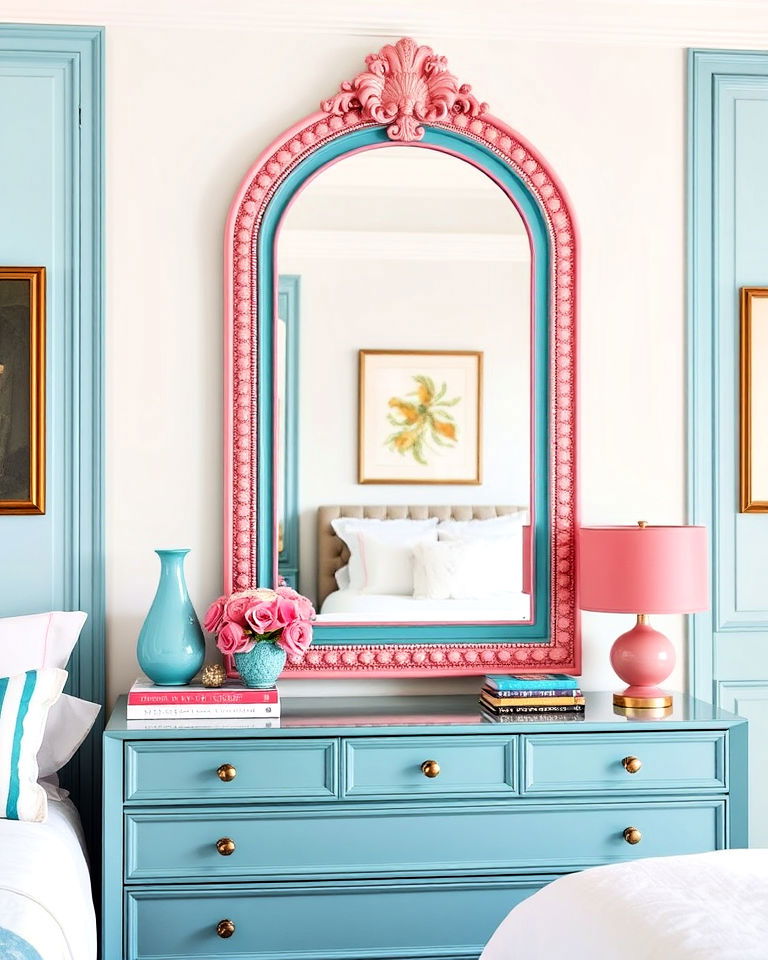 stylish pink mirror with teal frame - 25 Teal and Pink Bedroom Ideas-captions