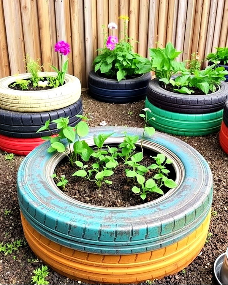 stylish raised garden beds using tyres - 25 Recycled Tyre Garden Art Ideas
