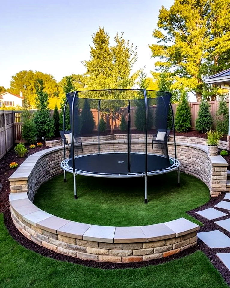 stylish retaining wall around - 15 Trampoline Landscaping Ideas