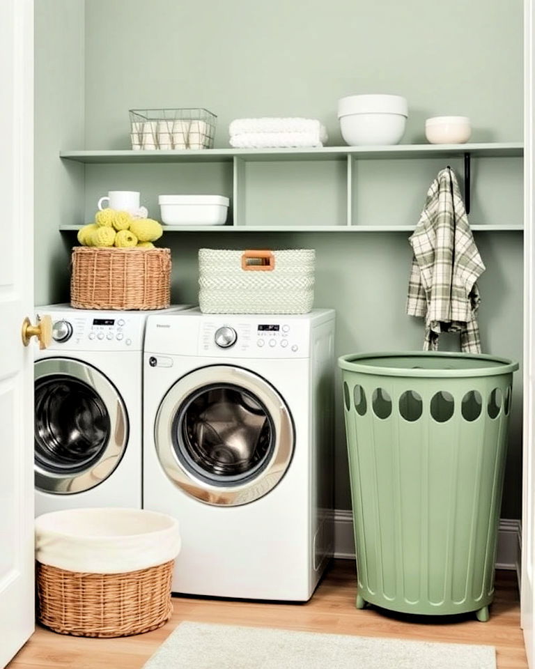 stylish sage green laundry hamper - 20 Sage Green Laundry Room Ideas