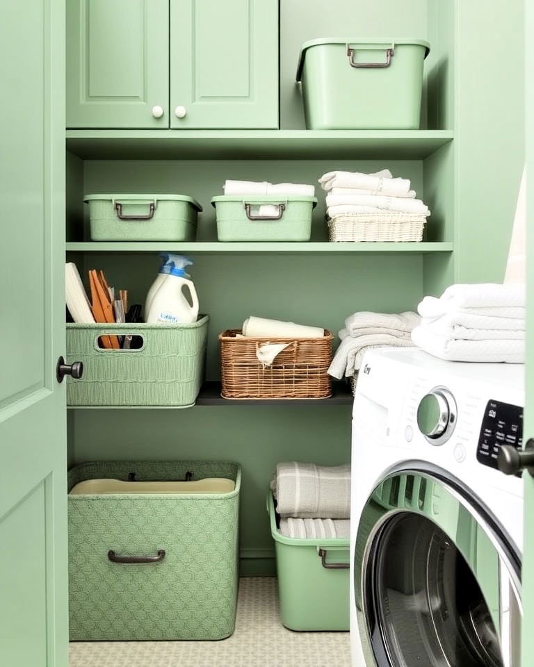 stylish sage green laundry storage bins - 20 Sage Green Laundry Room Ideas