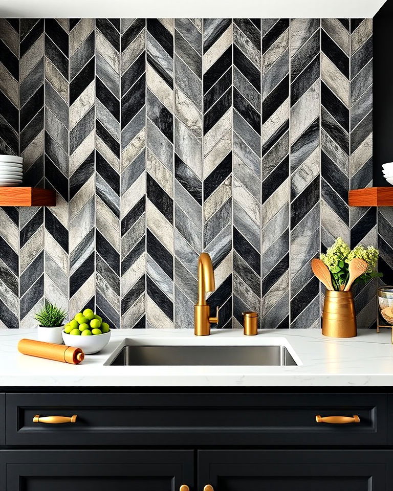 stylish slate herringbone backsplash - 20 Stone Kitchen Backsplash Ideas