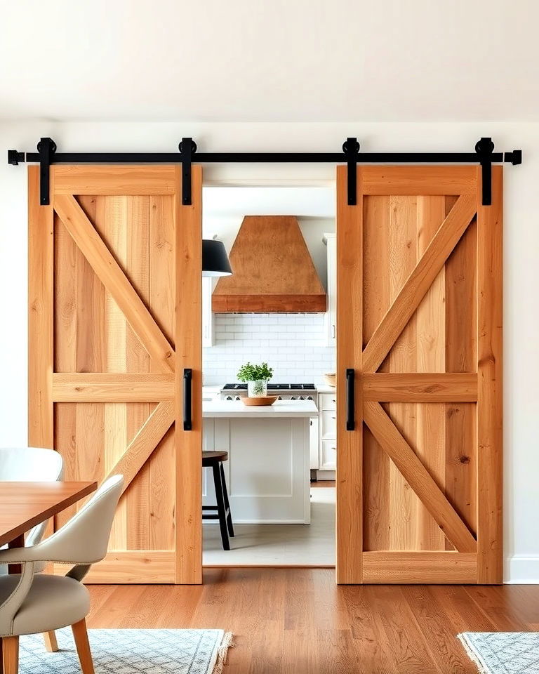 stylish sliding barn doors - 25 Modern Rustic Kitchen Ideas