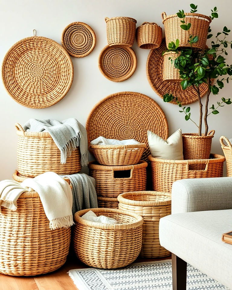 stylish woven baskets for storage - 20 Rustic Scandinavian Living Room Ideas