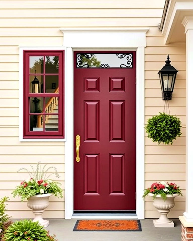 subdued charm with burgundy shades front door - 25 Red Front Door Ideas