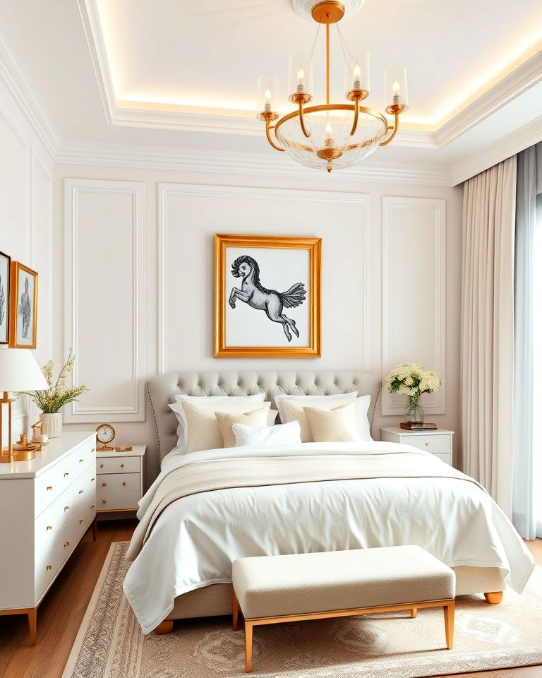 subtle gold accents bedroom - 15 White and Cream Bedroom Ideas-captions