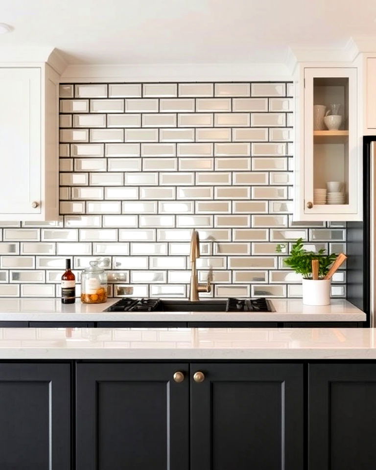 subway style mirrored tiles for a classic look - 25 Mirrored Backsplash Kitchen Ideas