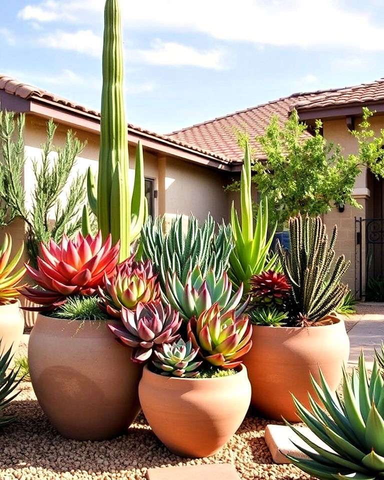 succulent filled planter display - 25 Arizona Front Yard Landscaping Ideas