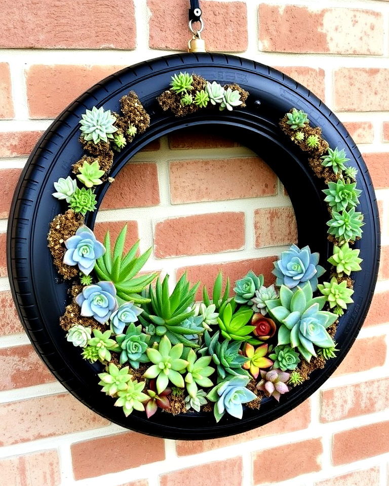 succulent tire wreath eye catching decoration - 25 Tire Garden Ideas