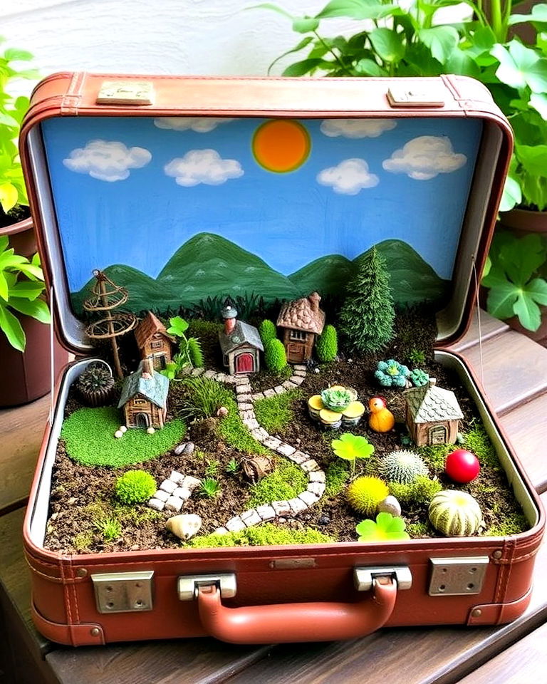suitcase fairy hideaway container - 20 Fairy Garden Container Ideas
