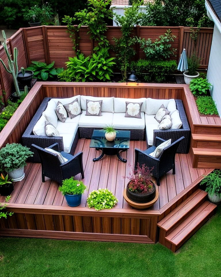 sunken deck with lounge area - 30 Garden Decking Ideas