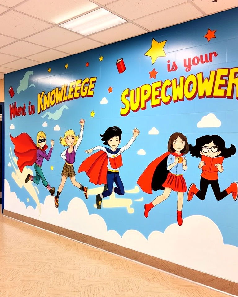 superheroes in learning mural for school - 40 School Mural Ideas