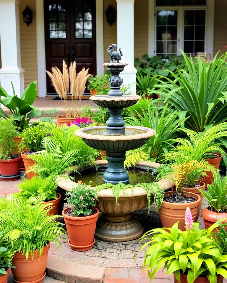 surround a fountain with potted greenery - 20 Front Yard Landscaping With Potted Plants