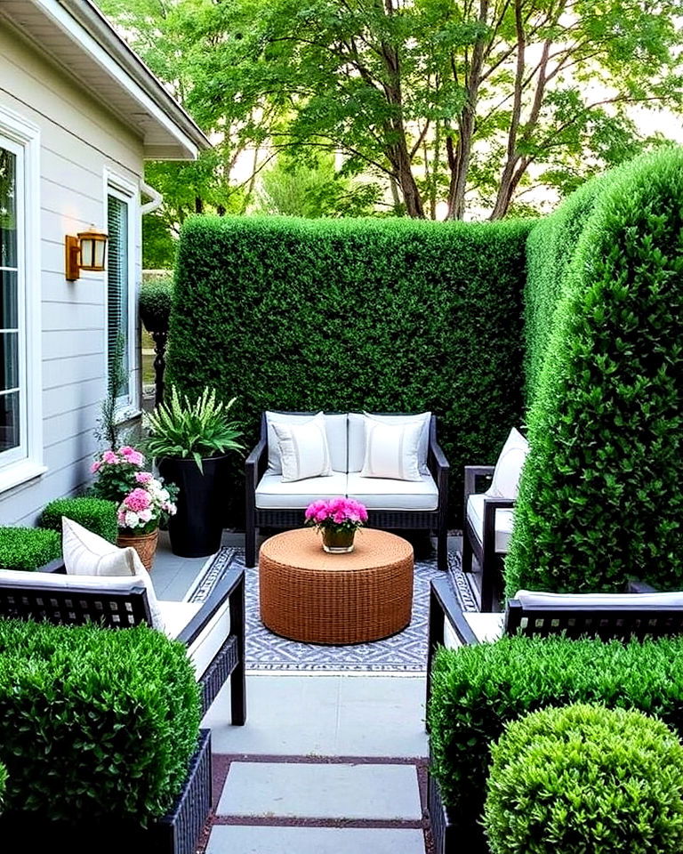 surround outdoor seating areas with boxwood hedges - 25 Boxwood Landscaping Ideas