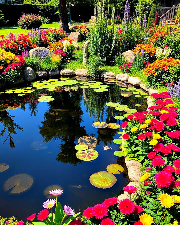 surround the pond with flower beds - 15 Large Pond Landscaping Ideas