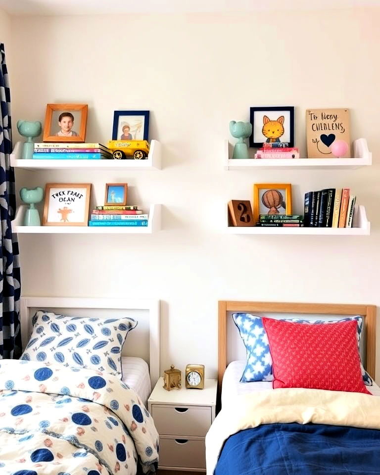 symmetrical wall shelves - 40 Boy and Girl Shared Small Room Ideas