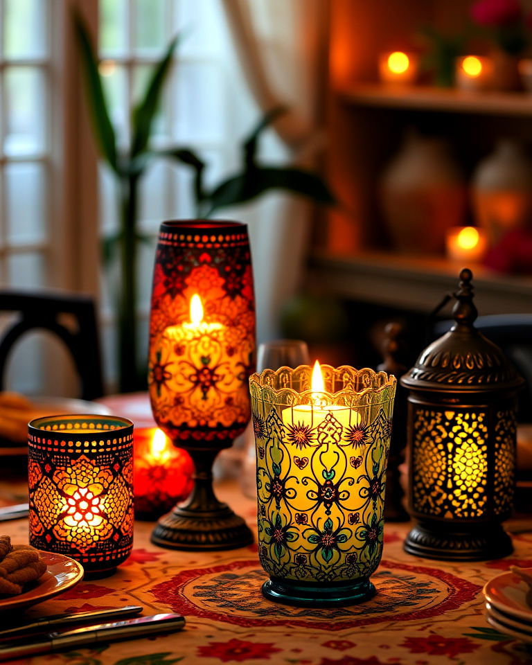 table with handmade candles housed in colorful holders - 15 Mexican Table Decor Ideas