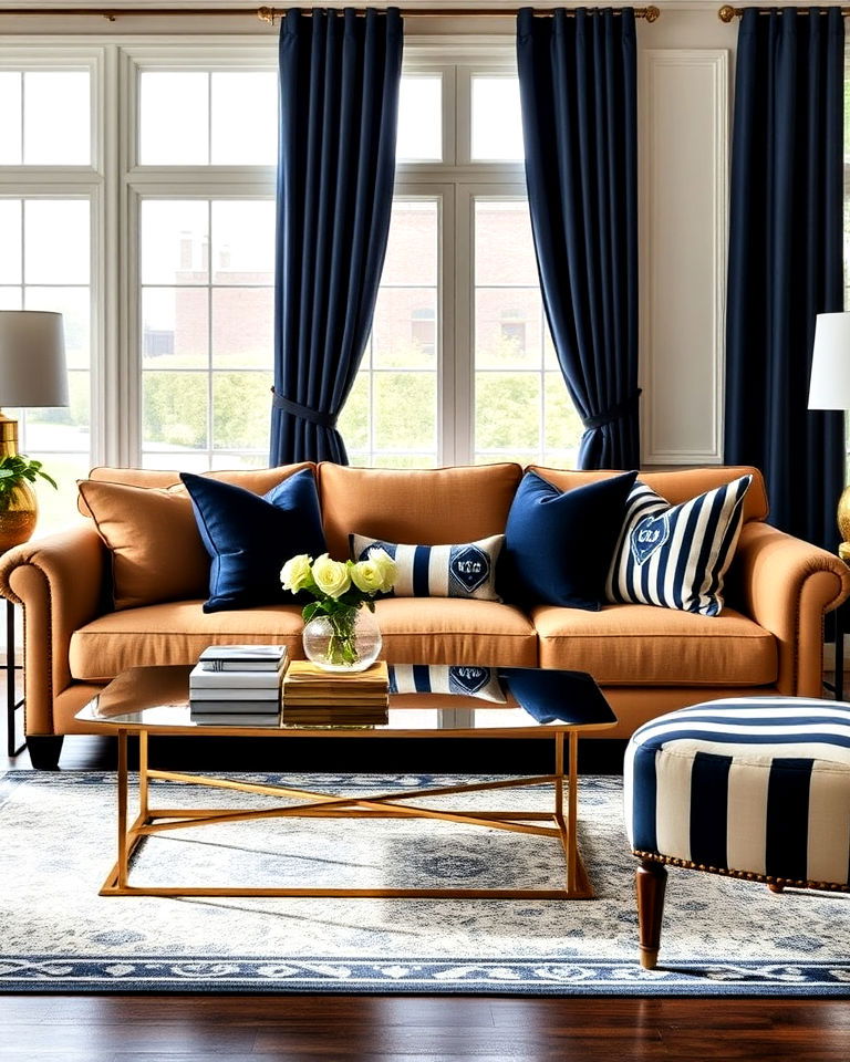 tan and navy sophistication living room - 15 Tan Sofa Living Room Ideas