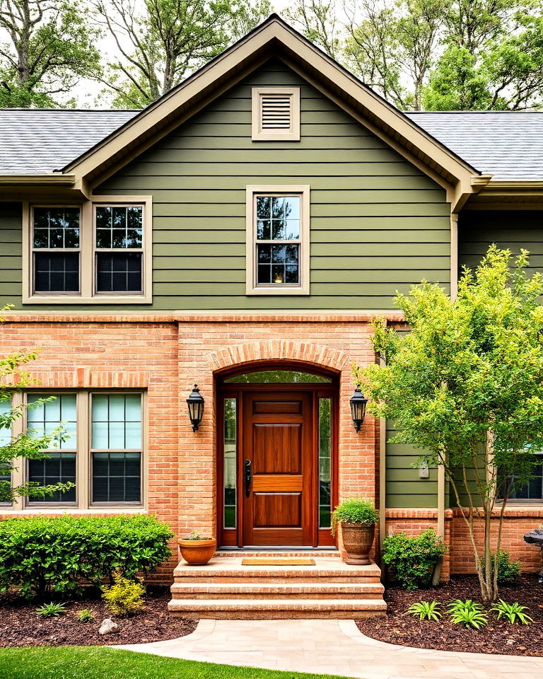tan brick exterior with olive green vinyl siding - 20 Vinyl Siding and Brick Combinations