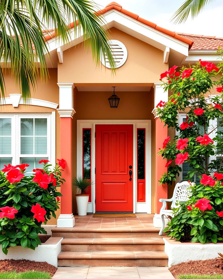 tan house paired with coral accents - 30 Tan House Color Schemes