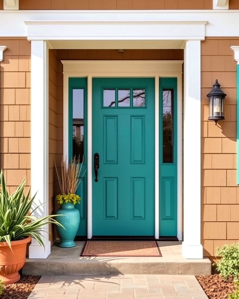 tan house paired with teal highlights - 30 Tan House Color Schemes