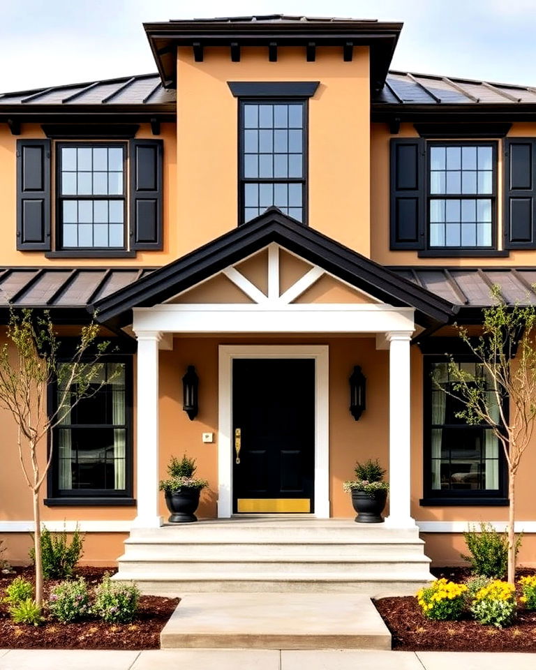 tan house with black trim - 30 Tan House Color Schemes