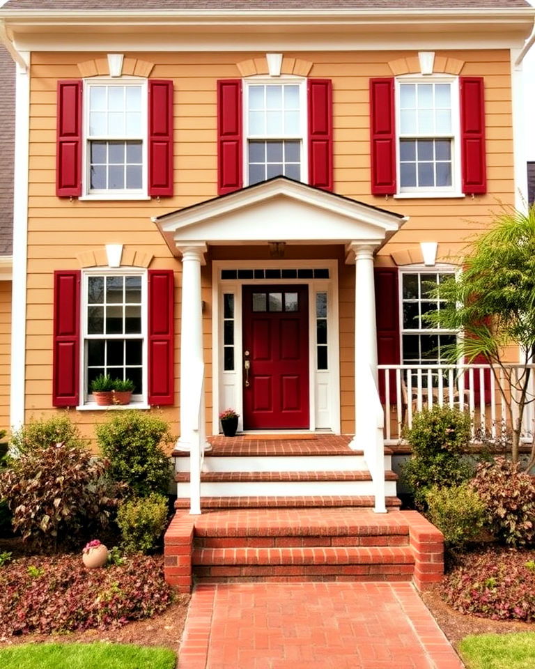 tan house with brick red accents - 30 Tan House Color Schemes