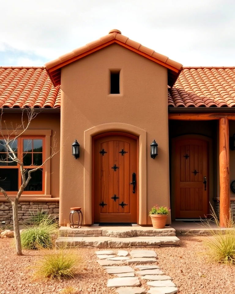 tan house with burnt orange - 30 Tan House Color Schemes