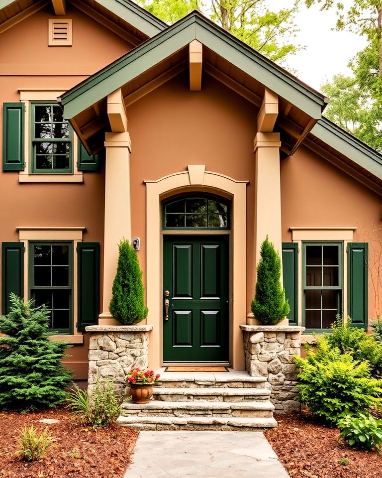 tan house with forest green accents - 30 Tan House Color Schemes